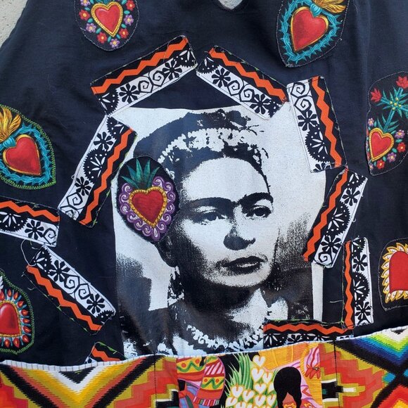 Frida Kahlo Bib Apron Colorful Handmade Black Cotton Plus Size XL Pockets - Picture 8 of 12
